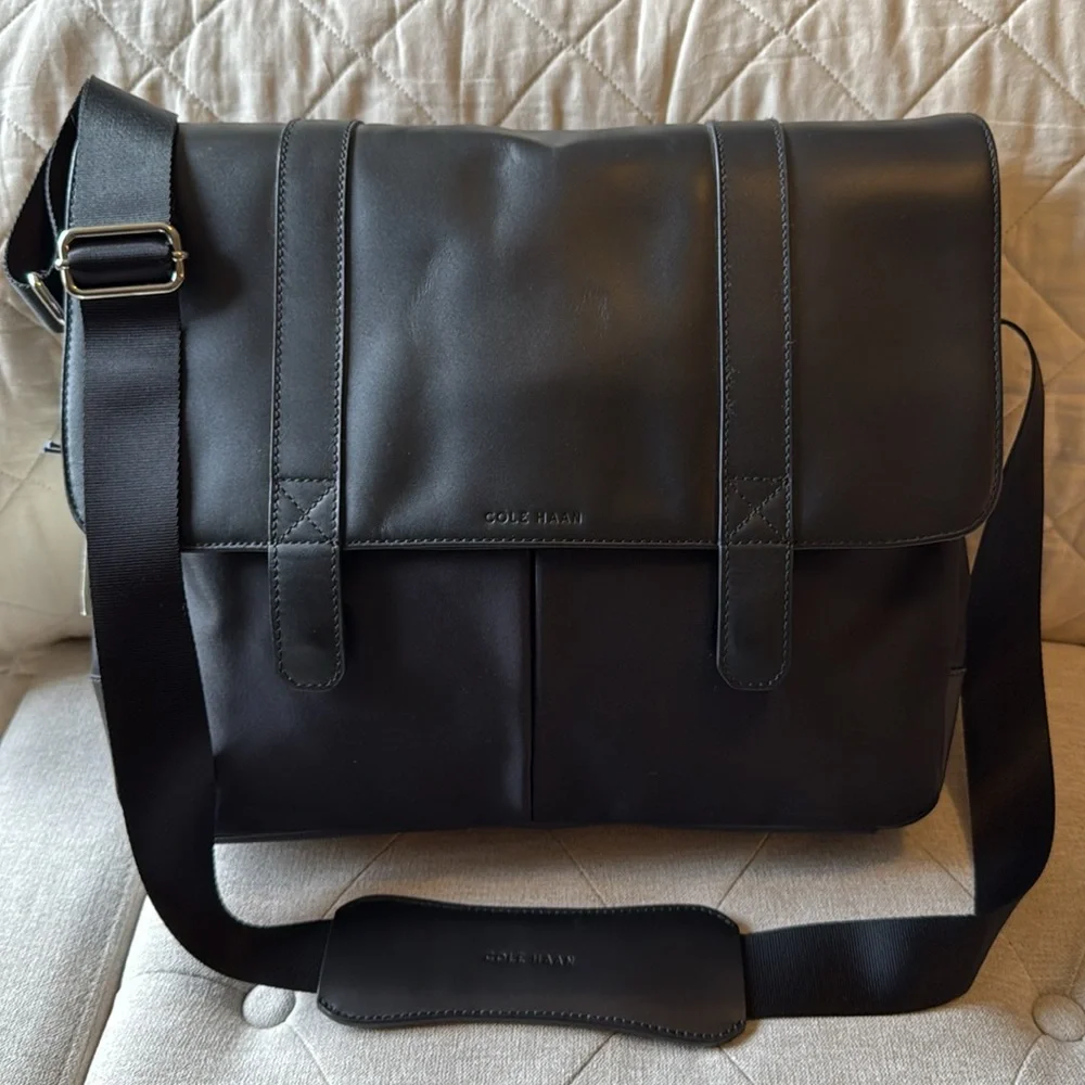 Cole Haan Black Leather Trim Messenger Bag